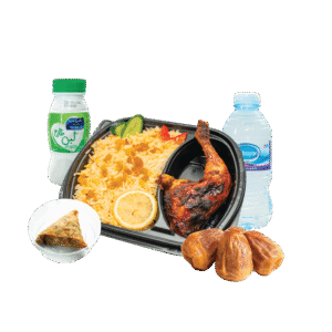 ربع دجاج + رز + لبن + سمبوسة + تمر + ماء