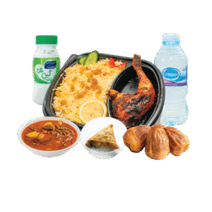 ربع دجاج + رز + لبن + سمبوسة + تمر + إيدام + ماء